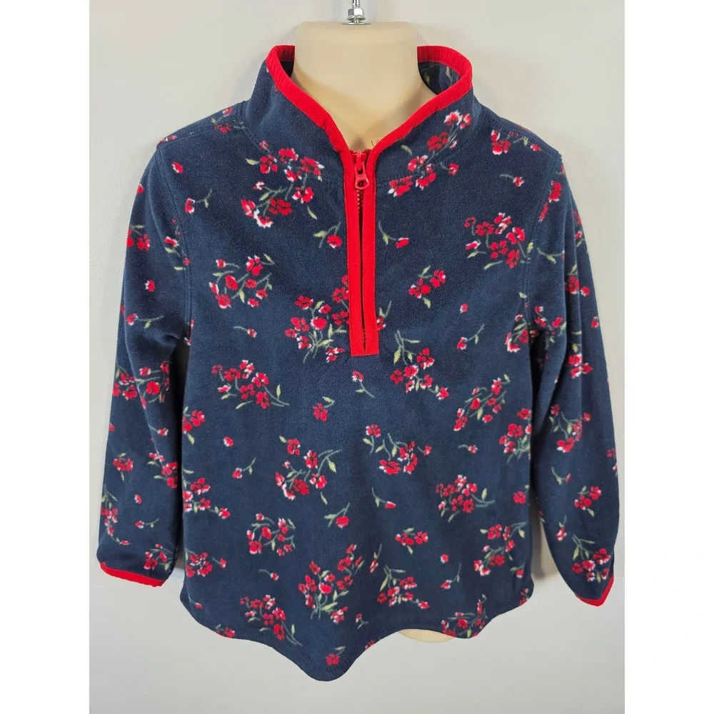 OshKosh B'gosh Toddler Girls 5t Fleece Pullover Navy Floral Print Red Trim /B29